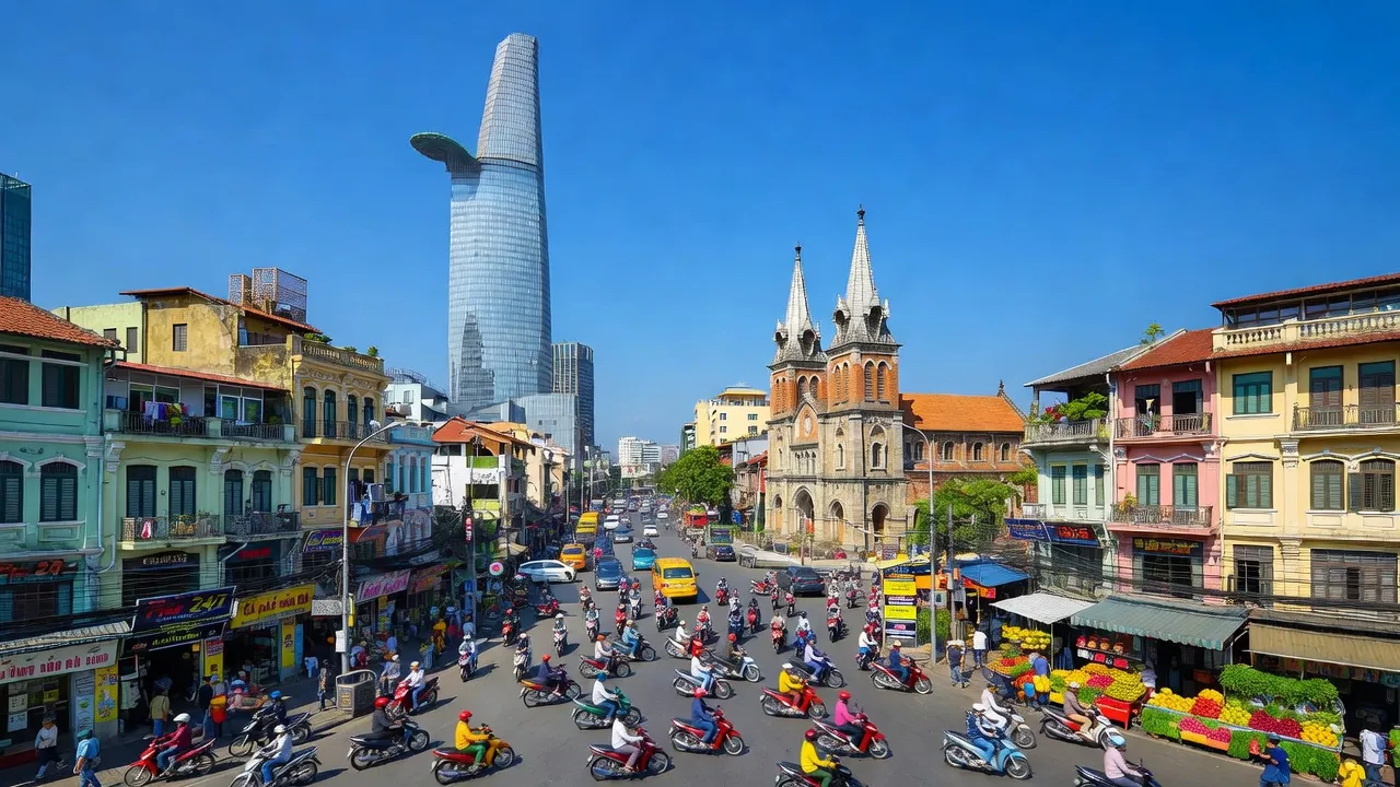 Thành phố Hồ Chí Minh với các biểu tượng như Bitexco và Nhà thờ Đức Bà, bầu trời xanh.