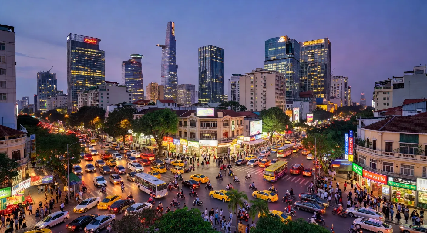 Thành phố Hồ Chí Minh với tòa nhà chọc trời và đường phố đông đúc, biểu tượng của kinh tế Việt Nam.
