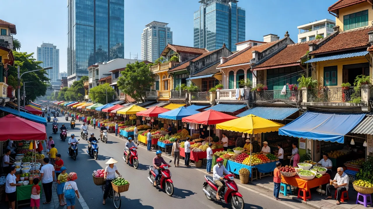 Thành phố Hồ Chí Minh với tòa nhà hiện đại, chợ sôi động, bầu trời xanh sáng. Ho Chi Minh City with modern skyscrapers, lively markets, bright blue sky.
