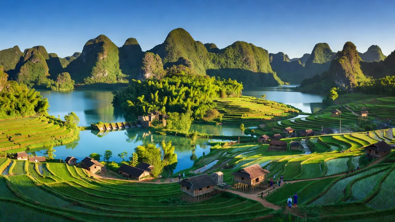 Cảnh quan Huyện Cao Phong, tỉnh Hòa Bình với núi non và hồ thủy điện, nét văn hóa Mường.