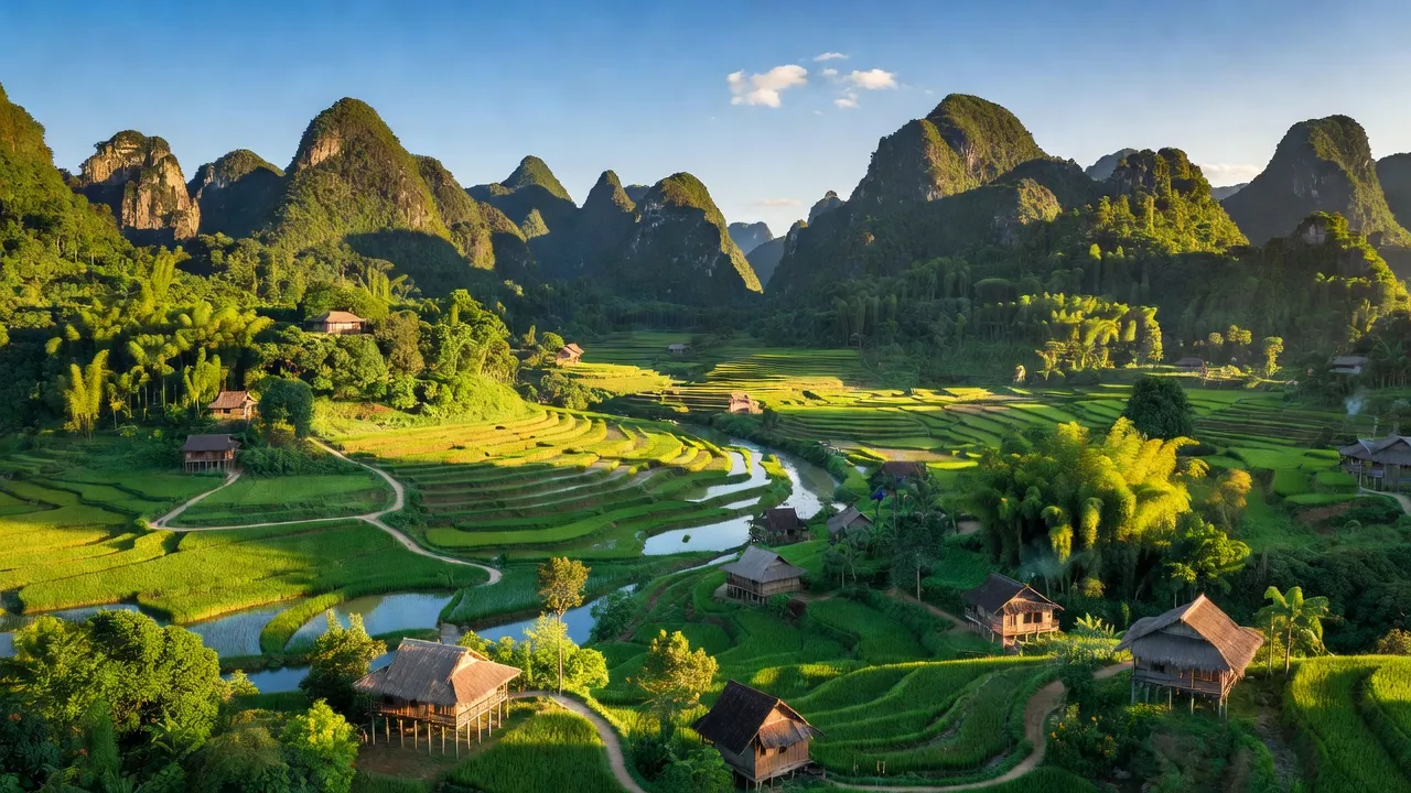 Cảnh quan huyện Đà Bắc, tỉnh Hoà Bình với núi non hùng vĩ và thung lũng xanh.