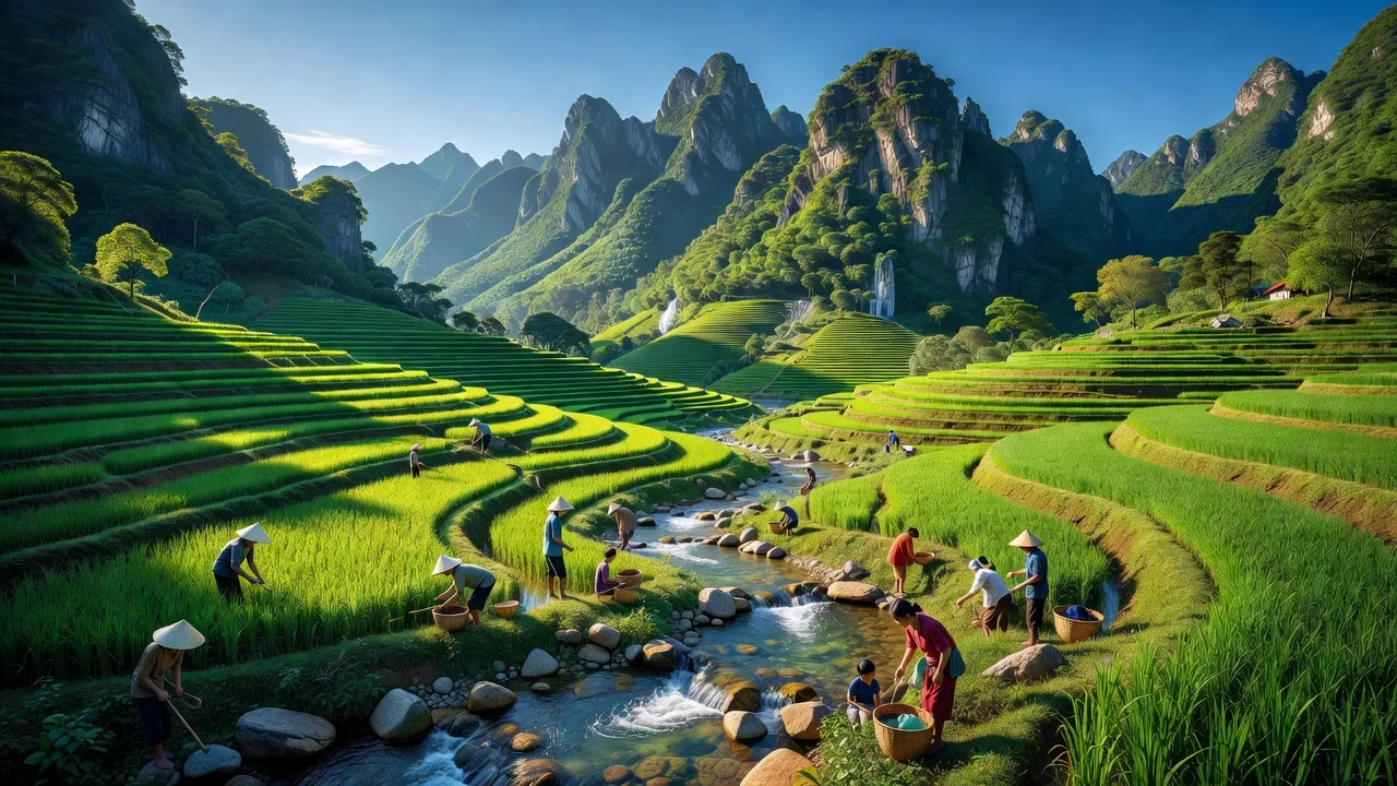 Cảnh thiên nhiên huyện Kim Bôi, Hoà Bình với núi, ruộng bậc thang và không khí trong lành.