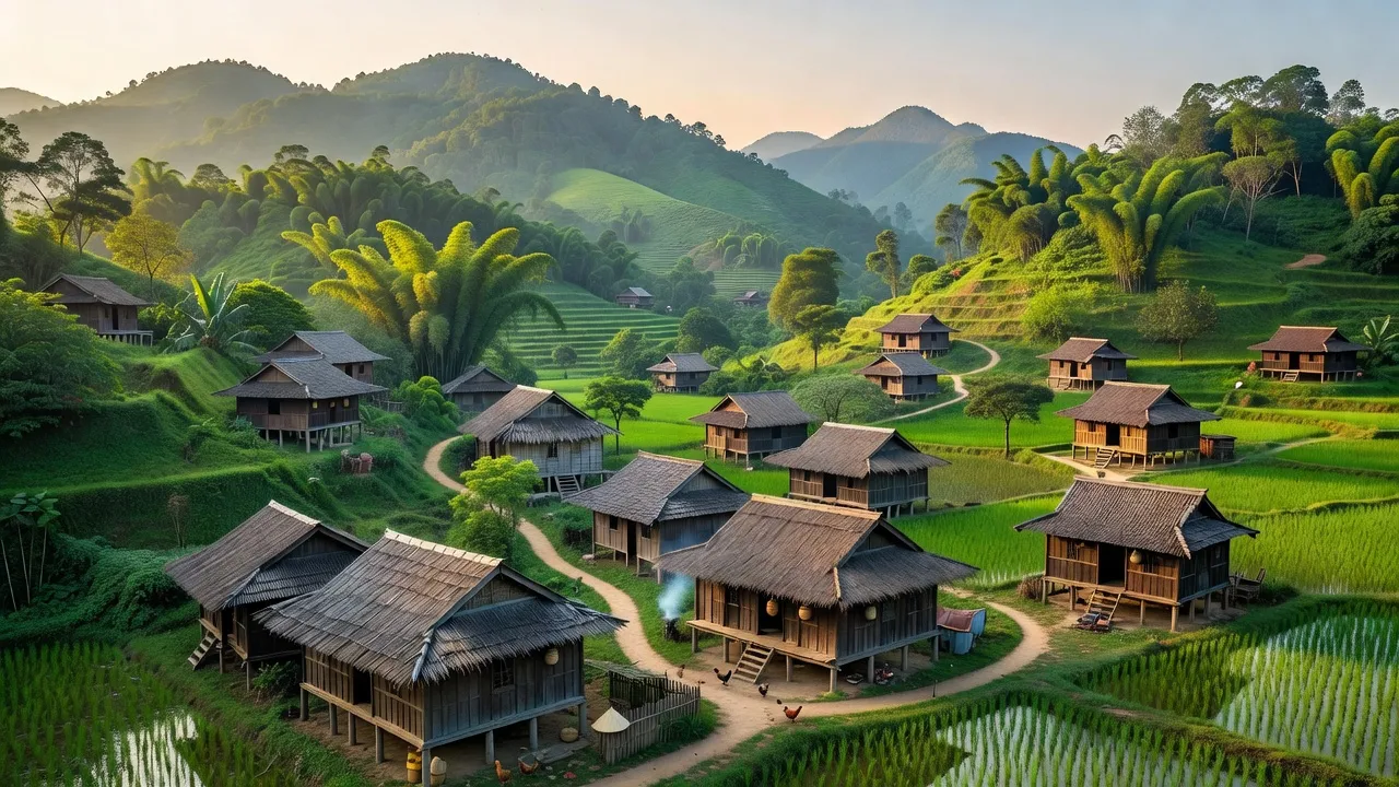 Cảnh thiên nhiên huyện Lạc Sơn, Hòa Bình với núi xanh và nhà sàn truyền thống của người Mường.