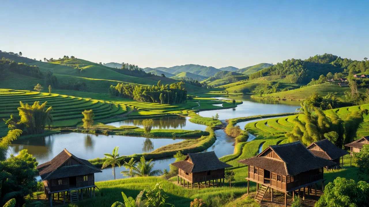 Cảnh đẹp huyện Lạc Thủy, Hòa Bình với đồi núi, hồ chứa, và nhà truyền thống Việt Nam.