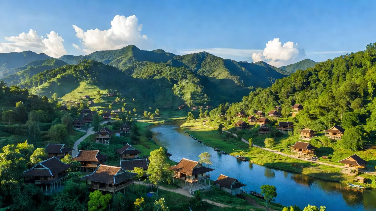Khung cảnh huyện Lương Sơn, Tỉnh Hoà Bình với núi xanh và sông trong lành.