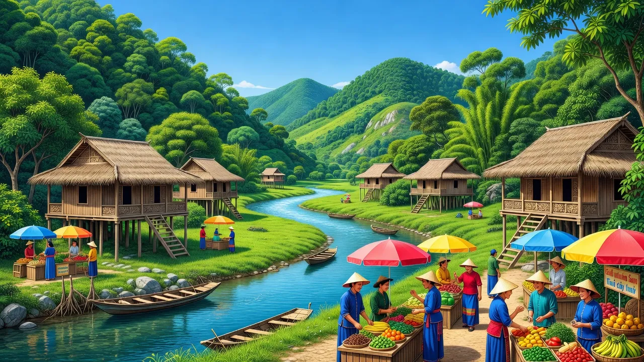 Khung cảnh thiên nhiên Huyện Lương Sơn, tỉnh Hòa Bình, với núi xanh và sông nước hữu tình.