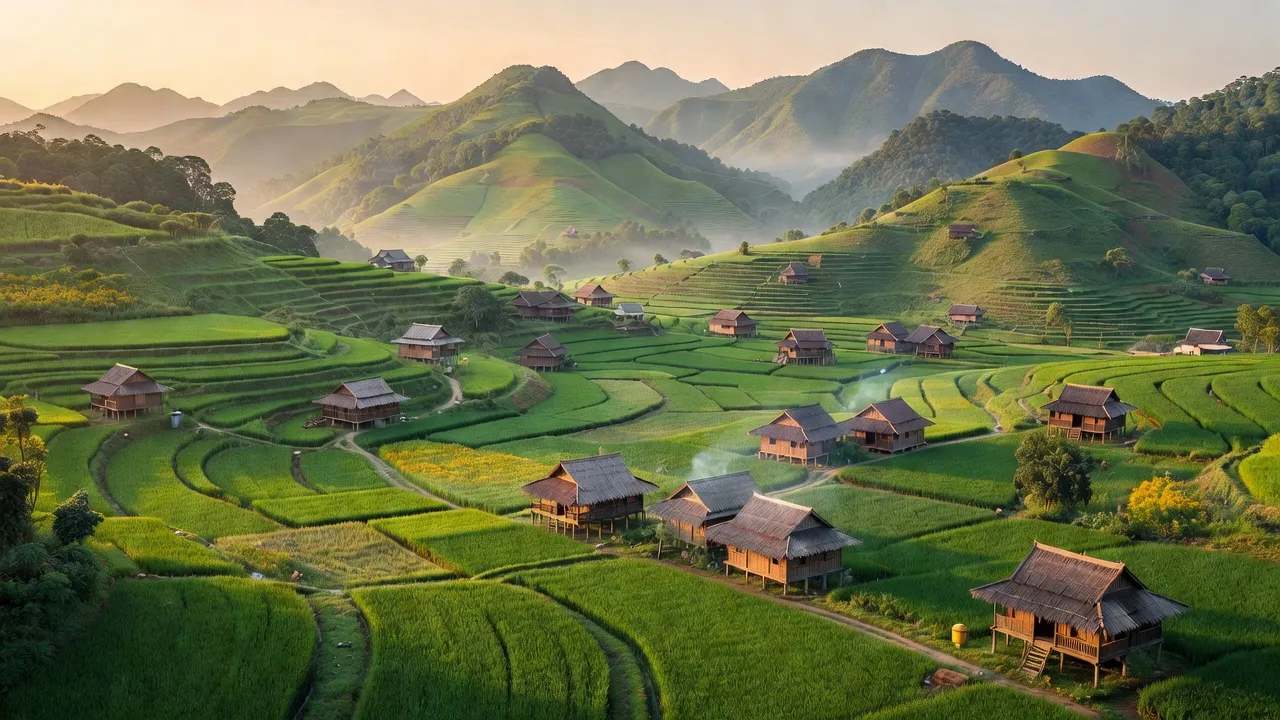 Khung cảnh đẹp của huyện Mai Châu, tỉnh Hòa Bình với núi non và thung lũng xanh.