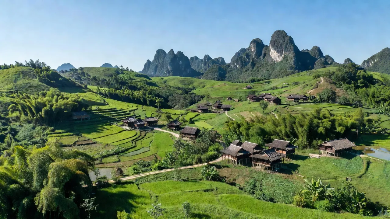 Cảnh đẹp huyện Yên Thủy, Hòa Bình với núi đá vôi và làng quê truyền thống.