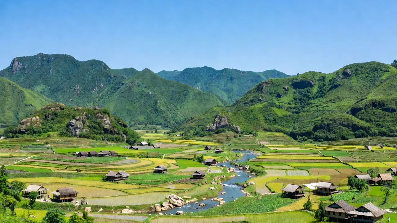 Huyện Yên Thủy, tỉnh Hoà Bình với núi xanh, đồng ruộng và làng quê yên bình, tượng trưng cho vẻ đẹp tự nhiên.