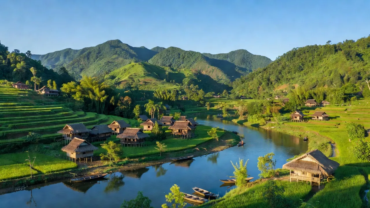 Khung cảnh tỉnh Hòa Bình với núi non, làng quê truyền thống và dòng sông yên bình, Việt Nam.