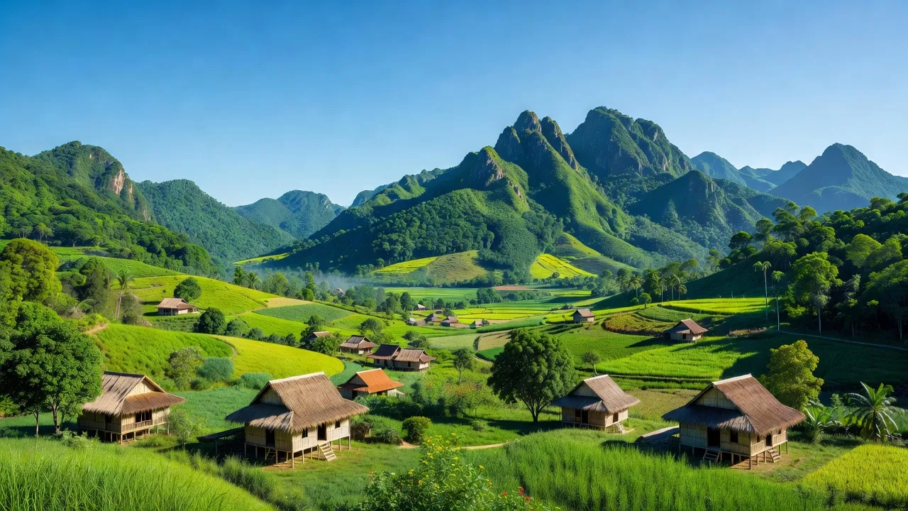 Cảnh đẹp huyện A Lưới, Huế với núi non, thung lũng xanh và nhà truyền thống người dân tộc.