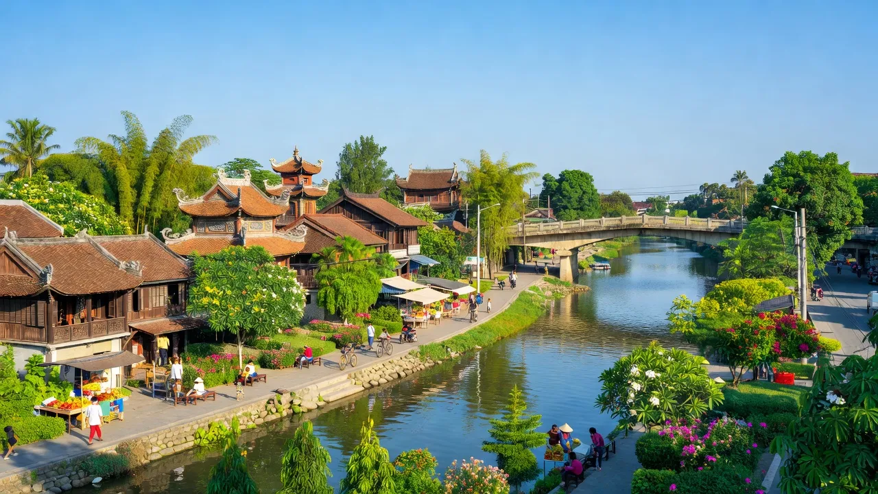 Khung cảnh thị xã Hương Thủy ở Thành phố Huế, với kiến trúc truyền thống và không gian xanh tươi.