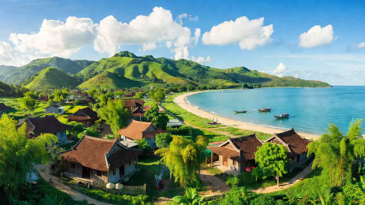 Huyện Phú Lộc ở Huế với cảnh biển, đồi xanh, nhà truyền thống và bầu trời trong xanh.