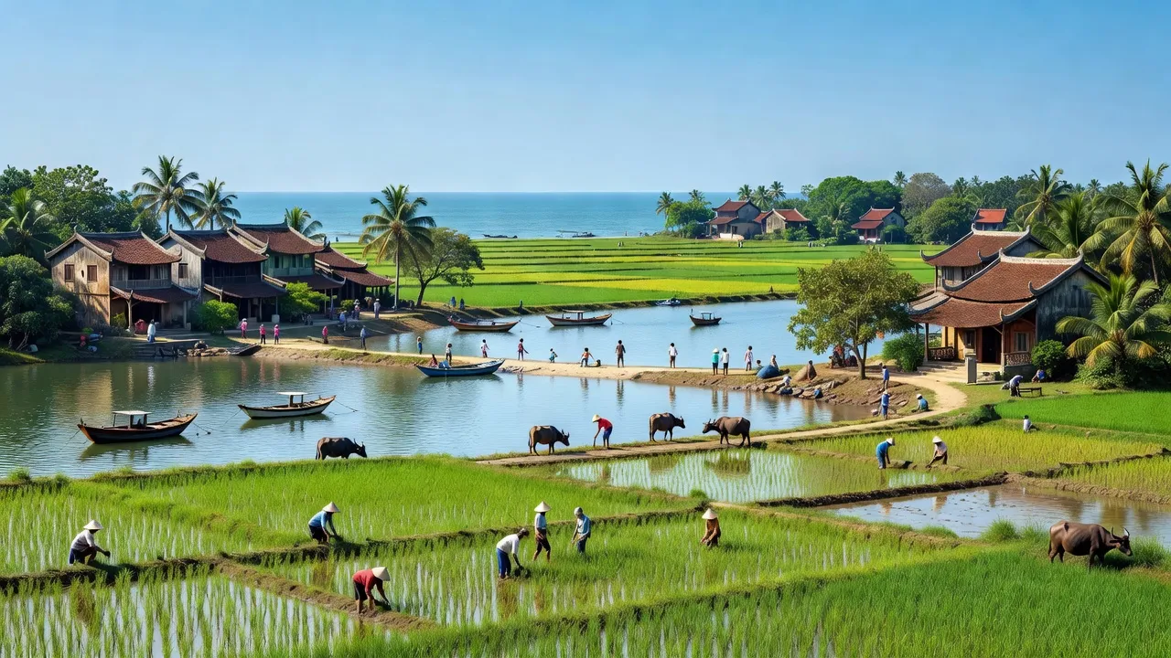 Khung cảnh huyện Phú Vang, Thành phố Huế với đồng ruộng và biển cả, Việt Nam.