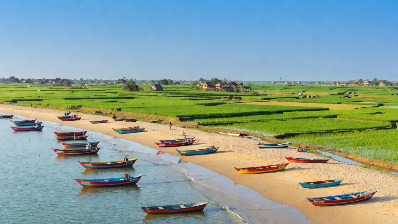 Quang cảnh huyện Phú Vang, Thành phố Huế với bãi biển, cánh đồng lúa và thuyền đánh cá.