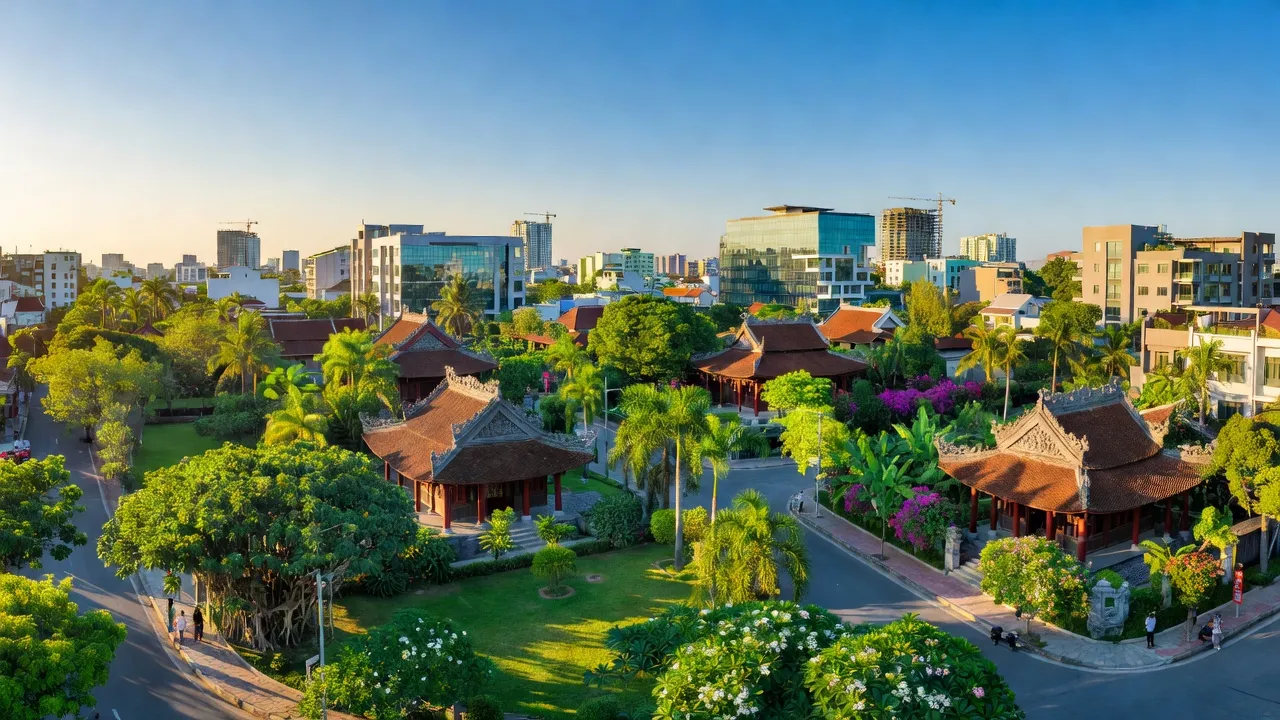 Quận Phú Xuân Huế với kiến trúc truyền thống, thiên nhiên xanh tốt và phát triển đô thị.