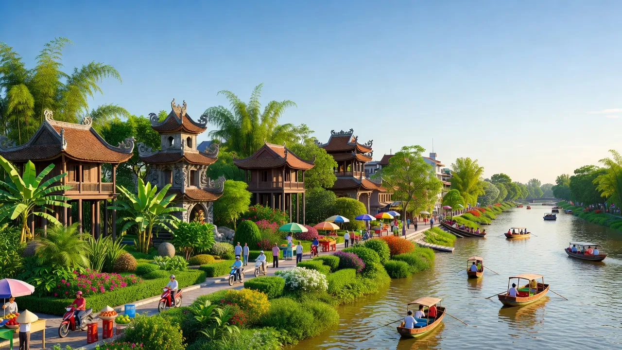 Quận Thuận Hóa, Huế với cảnh ven sông Hương, kiến trúc truyền thống và không gian xanh, urban life.
