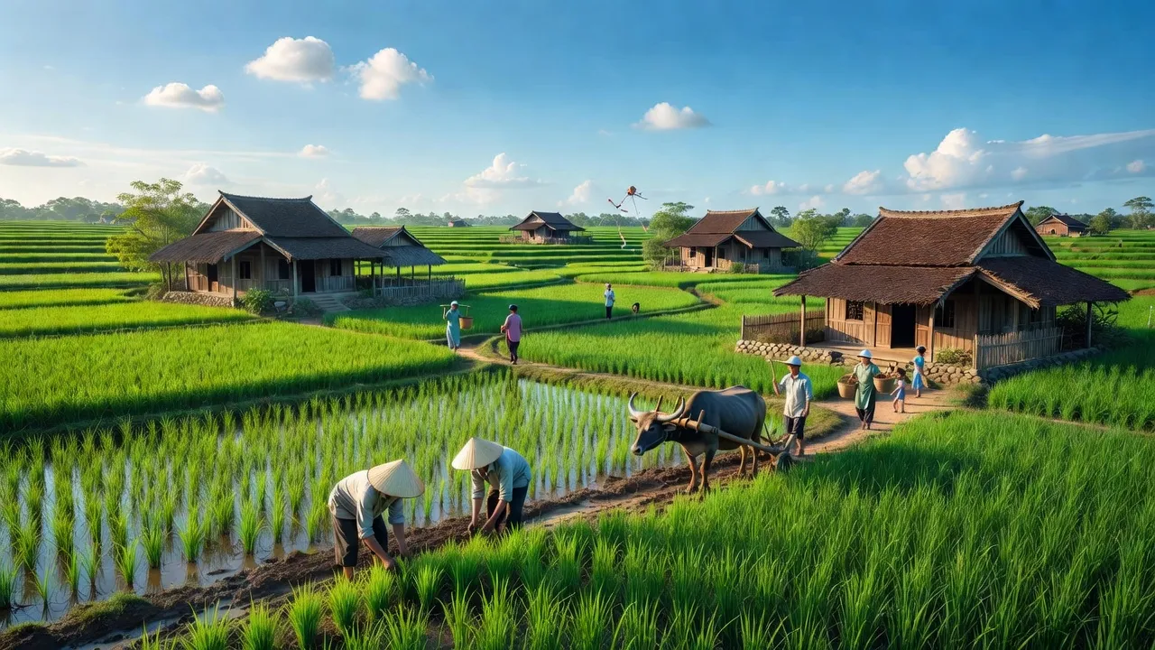 Khung cảnh huyện Quảng Điền, Huế với cánh đồng lúa, nhà truyền thống và người dân bản địa.