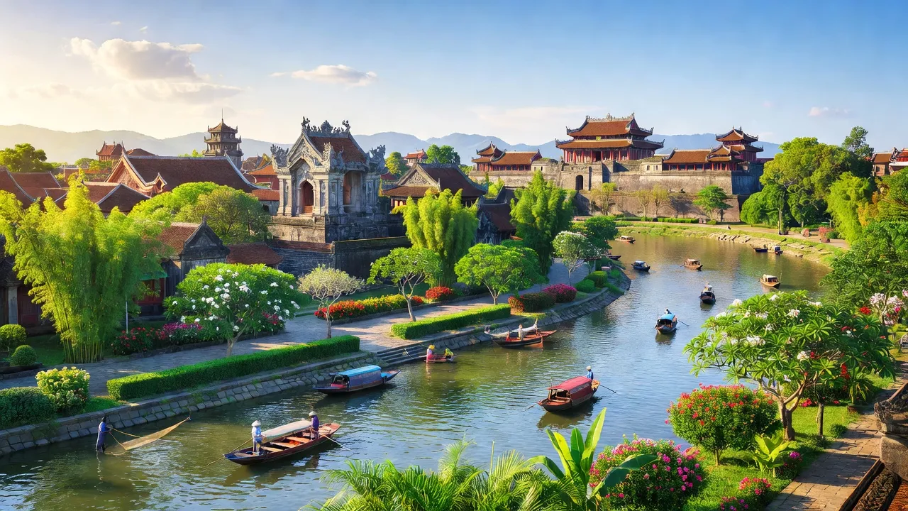 Thành phố Huế với kiến trúc cổ kính, sông Hương, và khung cảnh xanh tươi, di sản văn hóa.