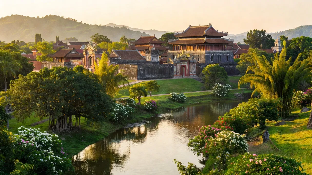 Thành phố Huế với phong cảnh lịch sử, kiến trúc cổ, sông Hương và cây xanh tươi mát.