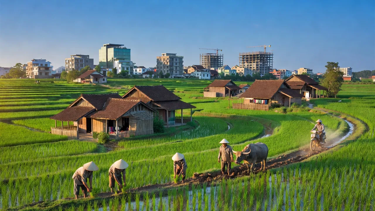 Cảnh đẹp huyện Ân Thi, Hưng Yên với cánh đồng xanh, nhà truyền thống và bầu trời trong xanh.
