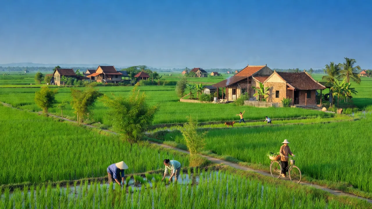 Cảnh đẹp huyện Ân Thi, tỉnh Hưng Yên với cánh đồng xanh và nhà truyền thống, hoạt động hàng ngày.