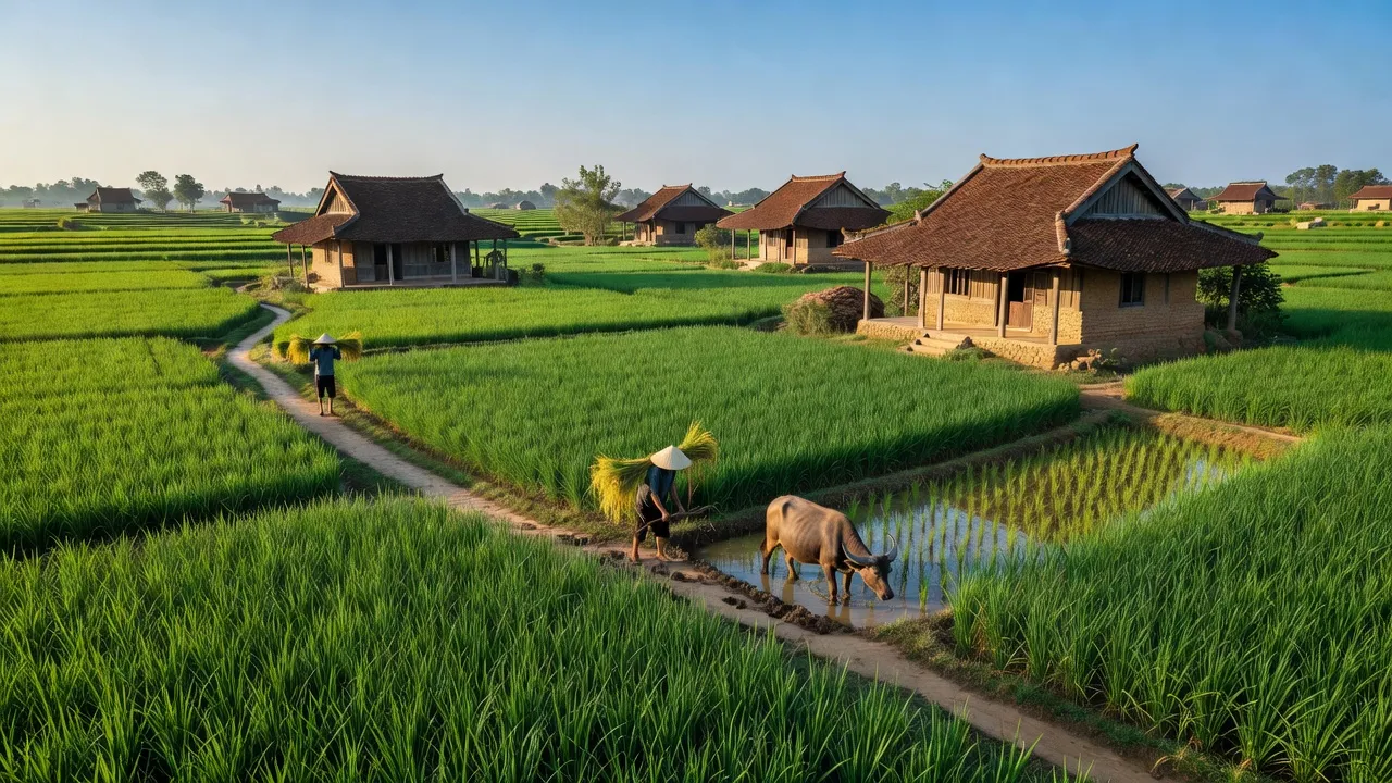 Khung cảnh huyện Khoái Châu, Hưng Yên với đồng lúa xanh, nhà truyền thống và bầu trời trong xanh.