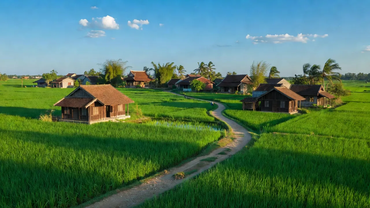 Tổng quan huyện Khoái Châu, Hưng Yên với cánh đồng xanh và kiến trúc truyền thống Việt Nam.