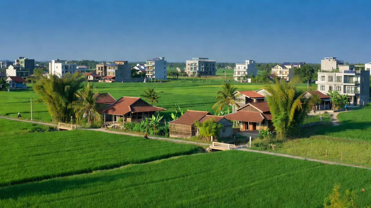 Khung cảnh huyện Kim Động, Hưng Yên với đồng xanh và làng quê truyền thống, sự phát triển đô thị.
