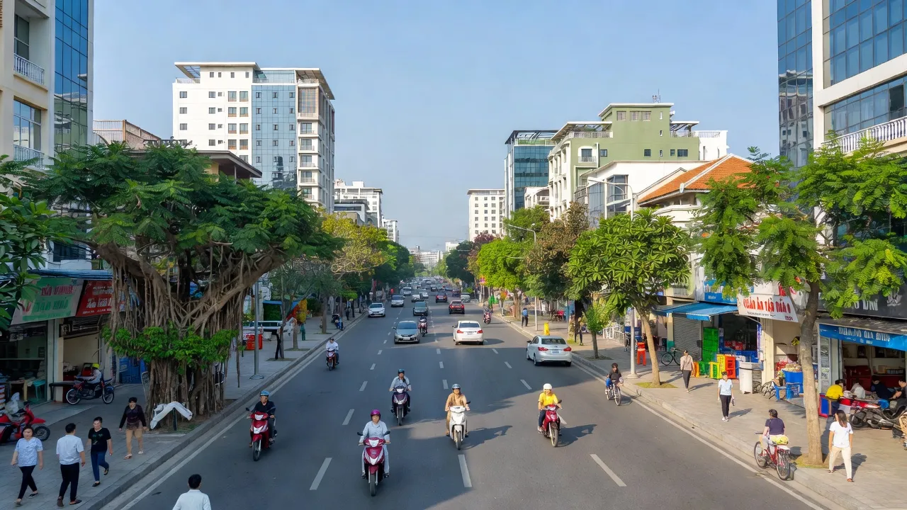 Thị xã Mỹ Hào, Hưng Yên, với giao thông phát triển và cảnh quan đô thị năng động.