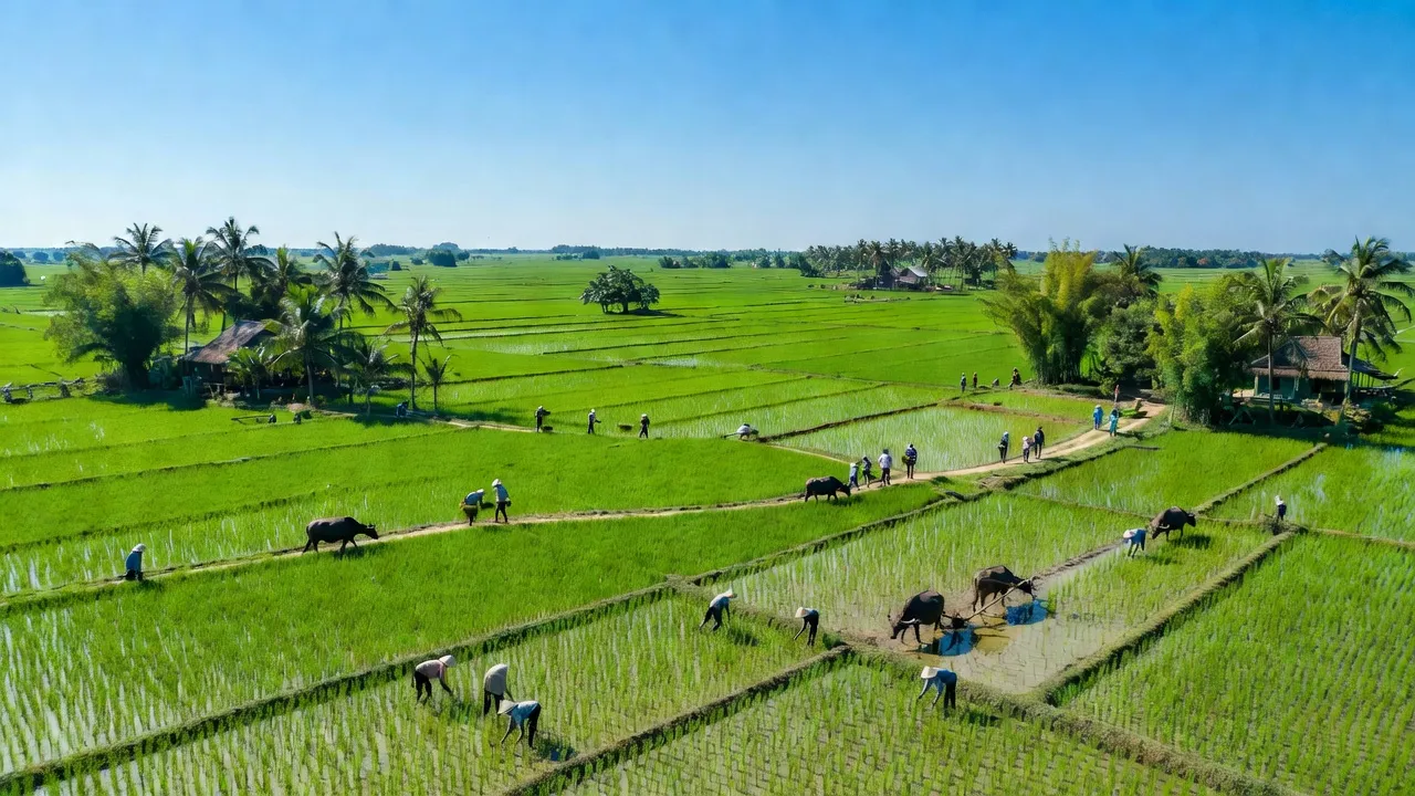 Cảnh quan huyện Phù Cừ, Hưng Yên với cánh đồng xanh tươi và hoạt động nông nghiệp nhộn nhịp.