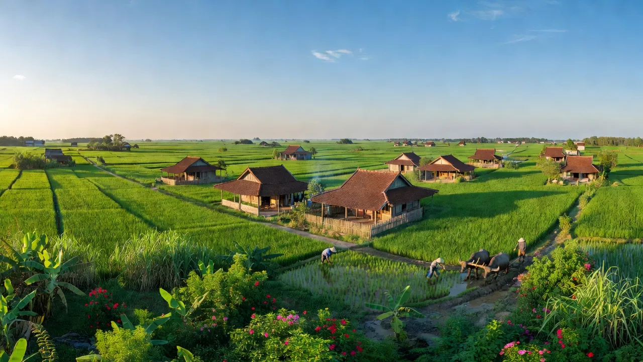 Khung cảnh nông nghiệp huyện Phù Cừ, tỉnh Hưng Yên với cánh đồng xanh và nhà truyền thống.