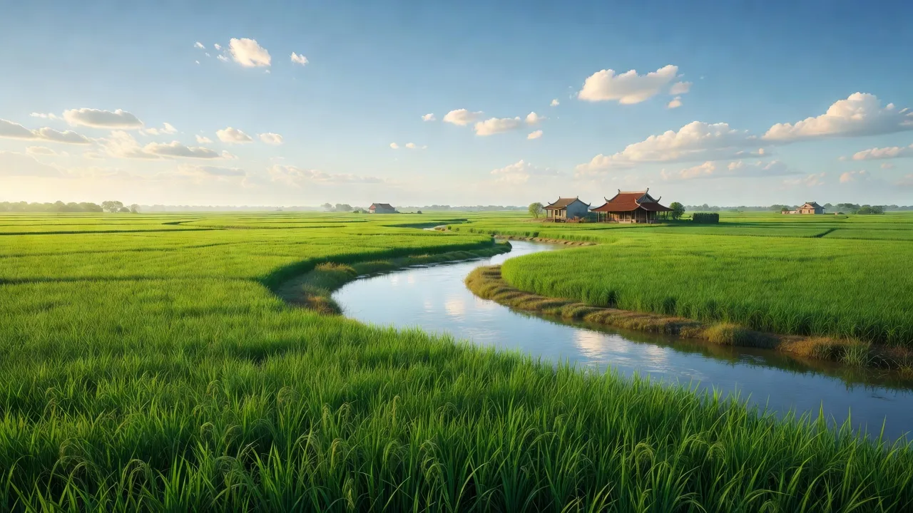 Phong cảnh huyện Tiên Lữ, Hưng Yên với đồng xanh, dòng sông và nhà truyền thống Việt Nam.