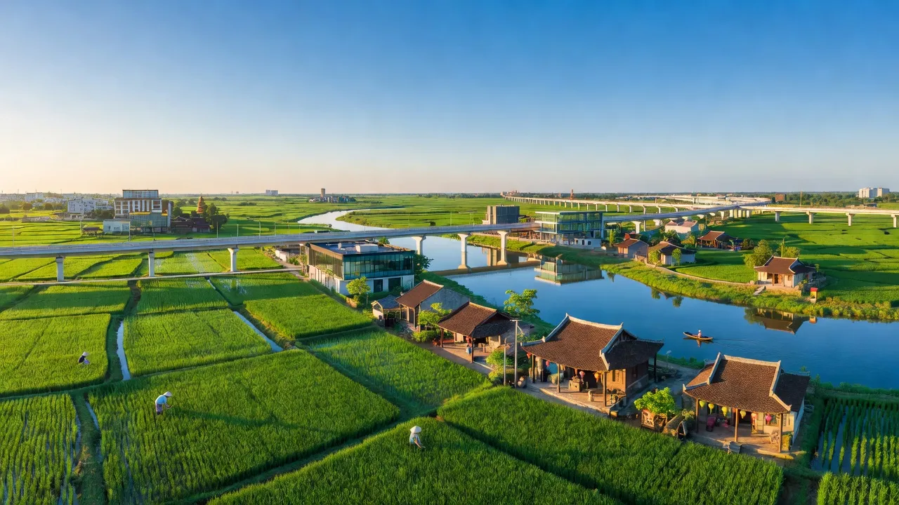 Cảnh đẹp huyện Văn Giang, tỉnh Hưng Yên với cánh đồng xanh và hạ tầng hiện đại.