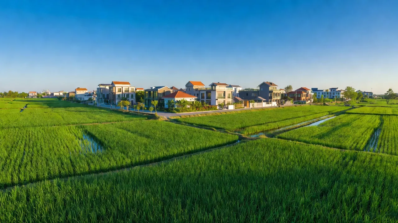 Cảnh đẹp huyện Văn Giang, tỉnh Hưng Yên với đồng xanh và nhà cửa hiện đại, thể hiện sự phát triển.