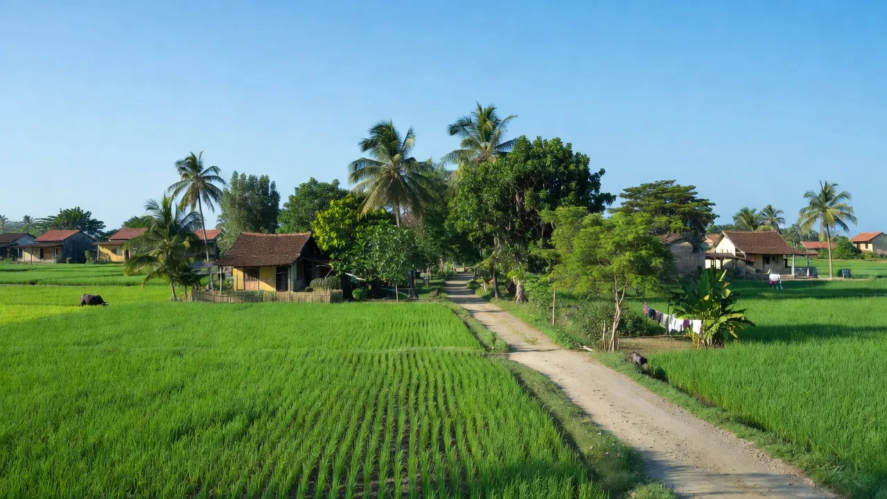 Cảnh quan huyện Văn Lâm, Hưng Yên với cánh đồng, nhà nông thôn và bầu trời xanh, thu hút du khách.