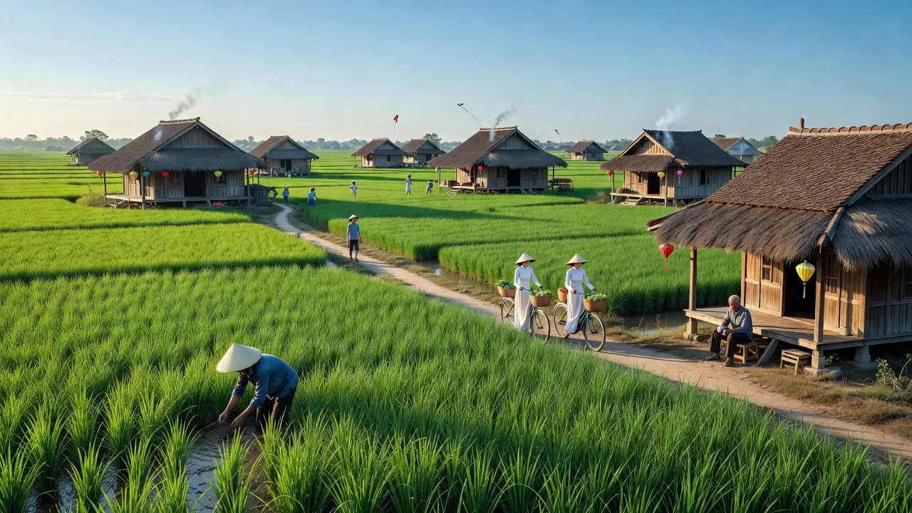Cảnh đồng xanh và nhà truyền thống của huyện Yên Mỹ, tỉnh Hưng Yên, Việt Nam.