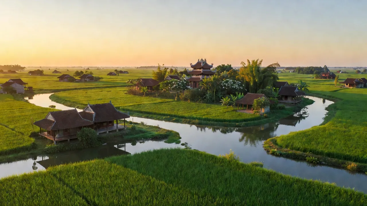 Cảnh quan yên bình tại tỉnh Hưng Yên, Việt Nam, với cánh đồng, nhà cổ và dòng sông.