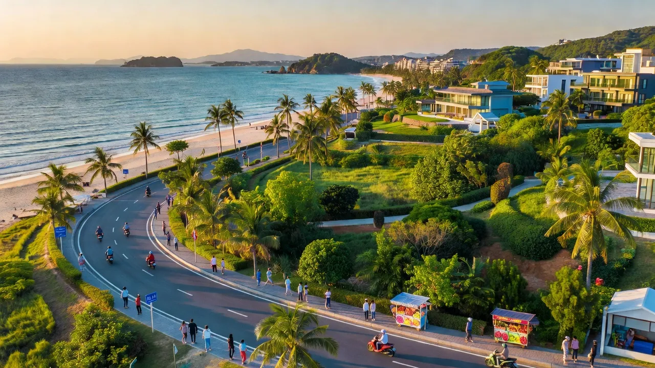 Khung cảnh huyện Cam Lâm, tỉnh Khánh Hòa với bãi biển, cây cối và hạ tầng hiện đại.