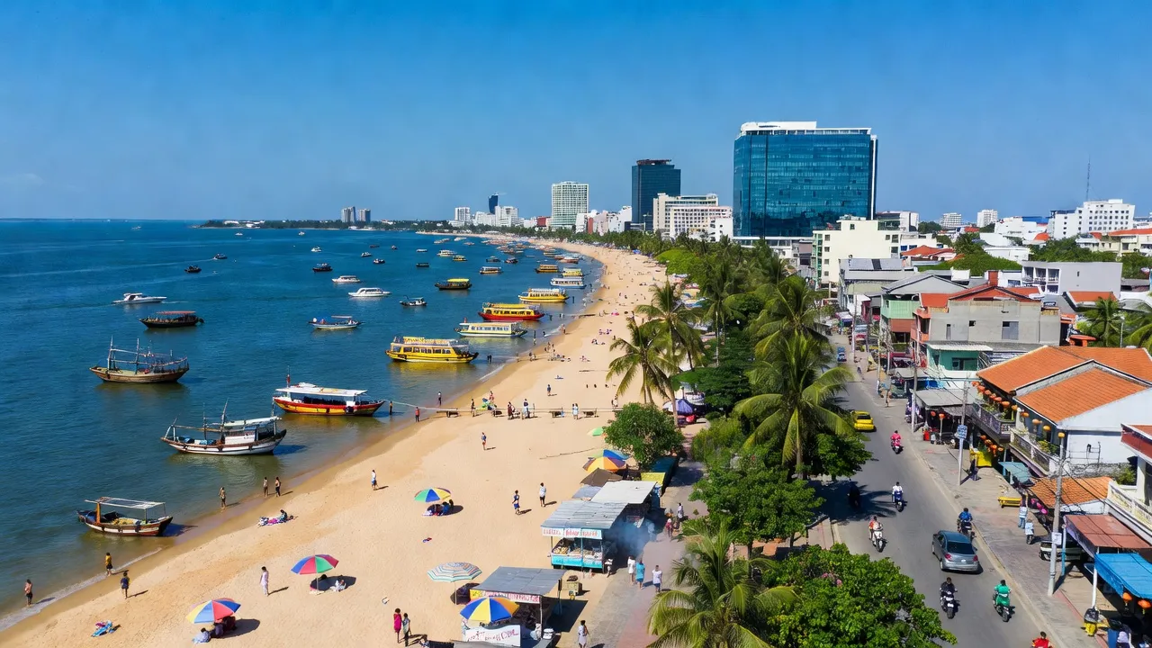 Khung cảnh thành phố Cam Ranh, tỉnh Khánh Hòa với bờ biển dài và vịnh nước sâu.