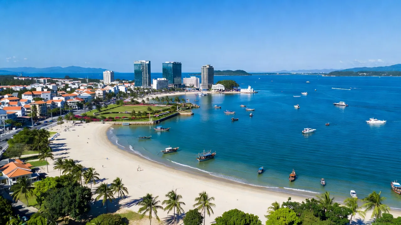 Khung cảnh Thành phố Cam Ranh, Tỉnh Khánh Hòa với bờ biển và vịnh nước sâu.