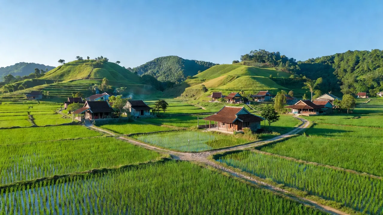 Cảnh đẹp huyện Diên Khánh, tỉnh Khánh Hòa với cánh đồng xanh, nền trời trong xanh và nhà truyền thống.
