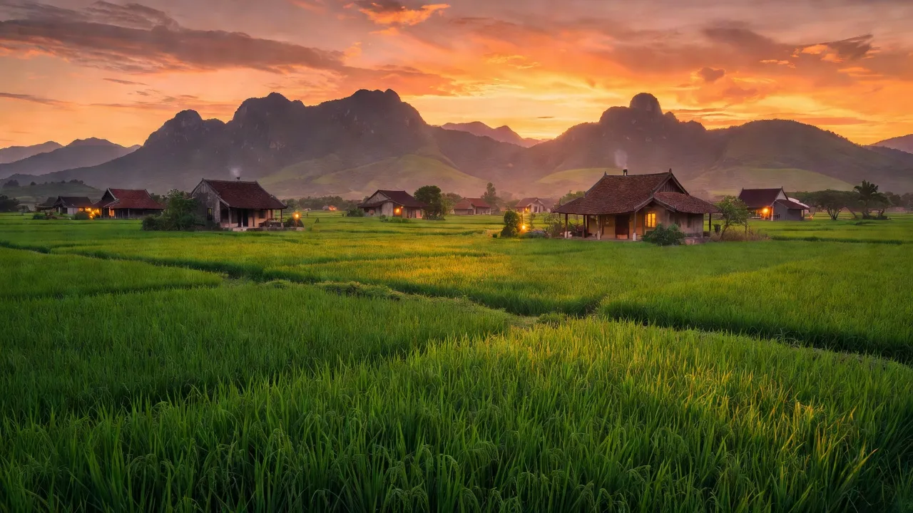 Khung cảnh huyện Diên Khánh, tỉnh Khánh Hòa với cánh đồng xanh, núi non và ngôi nhà Việt.