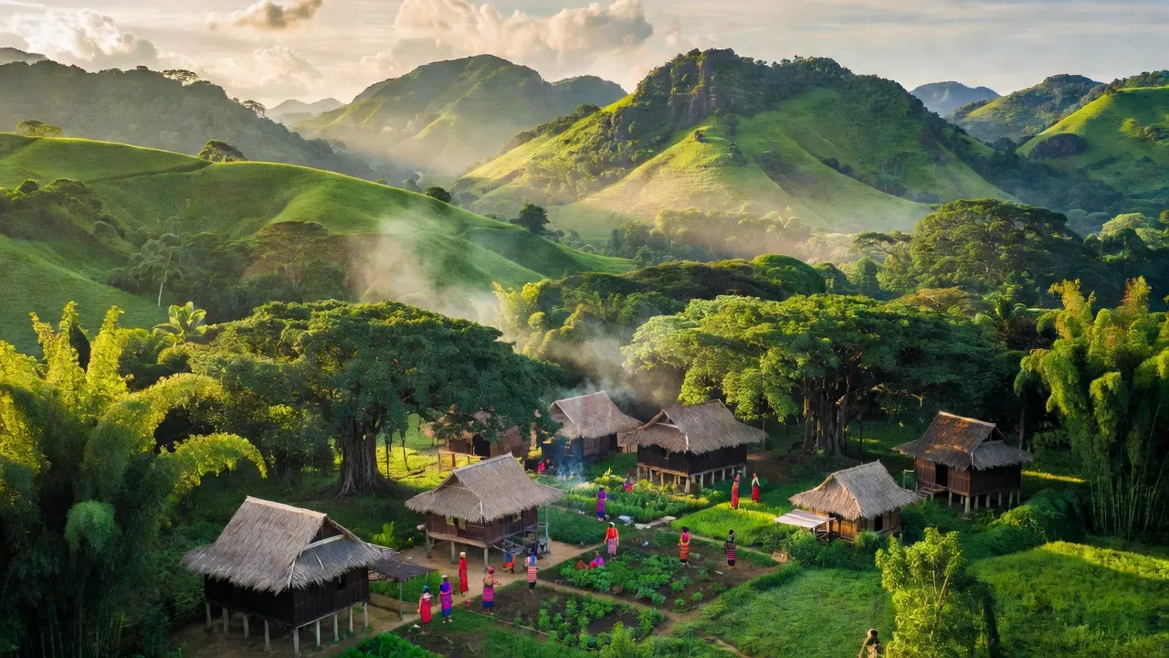 Khung cảnh huyện Khánh Sơn, Khánh Hòa với đồi núi xanh, cộng đồng dân tộc và bầu không khí trong lành.