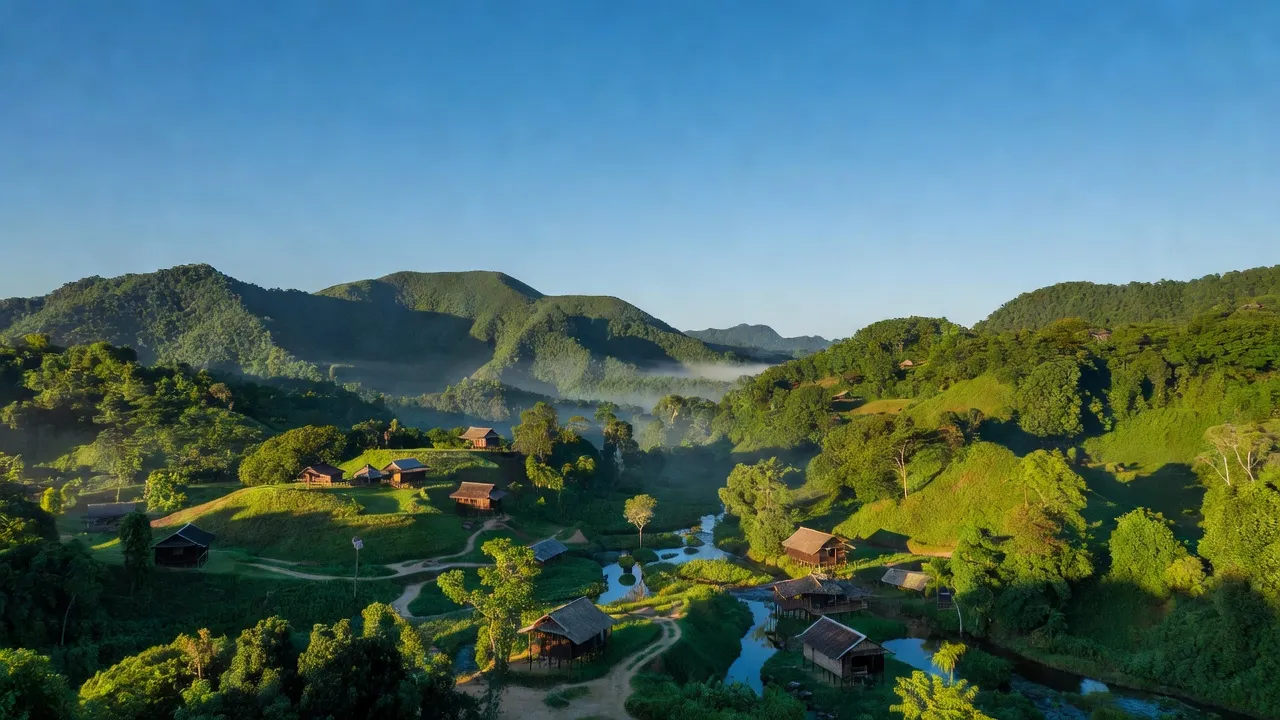 Khánh Vĩnh, Khánh Hòa with lush mountains, traditional homes, and blue skies, ideal for eco-tourism.