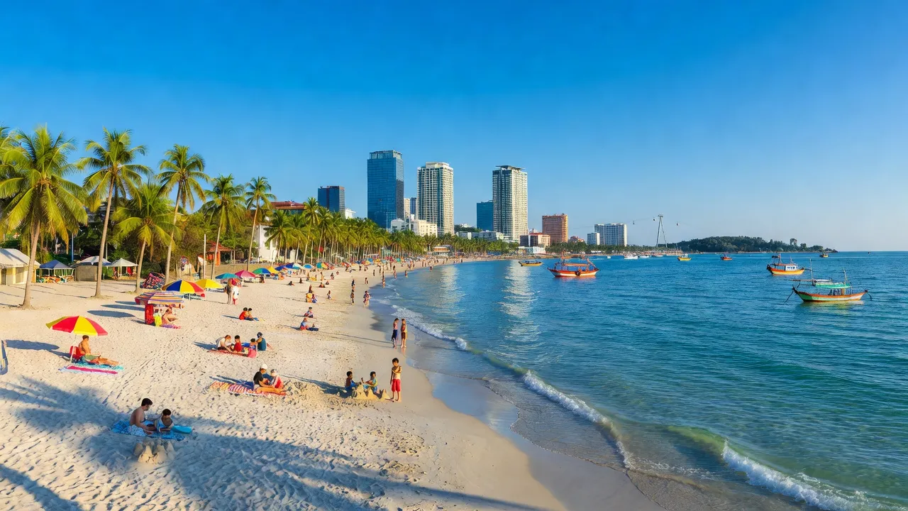 Toàn cảnh thành phố Nha Trang ven biển, bãi biển cát trắng và skyline dưới bầu trời xanh.
