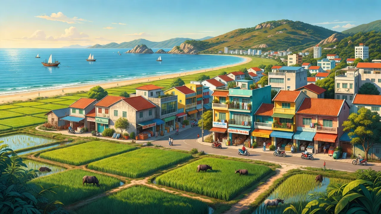 Khung cảnh Thị xã Ninh Hòa, tỉnh Khánh Hòa với sự kết hợp nông thôn và đô thị.