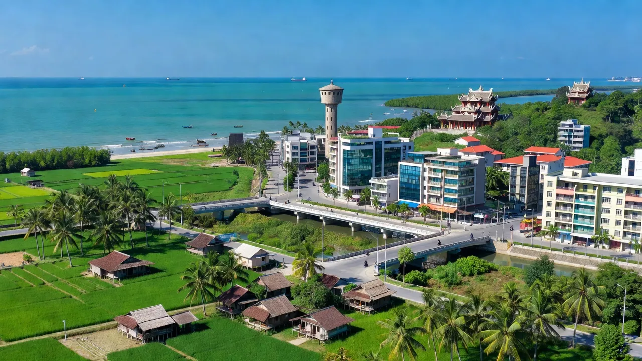 Quang cảnh thị xã Ninh Hòa, tỉnh Khánh Hòa với cảnh biển và kiến trúc hiện đại, nông thôn.
