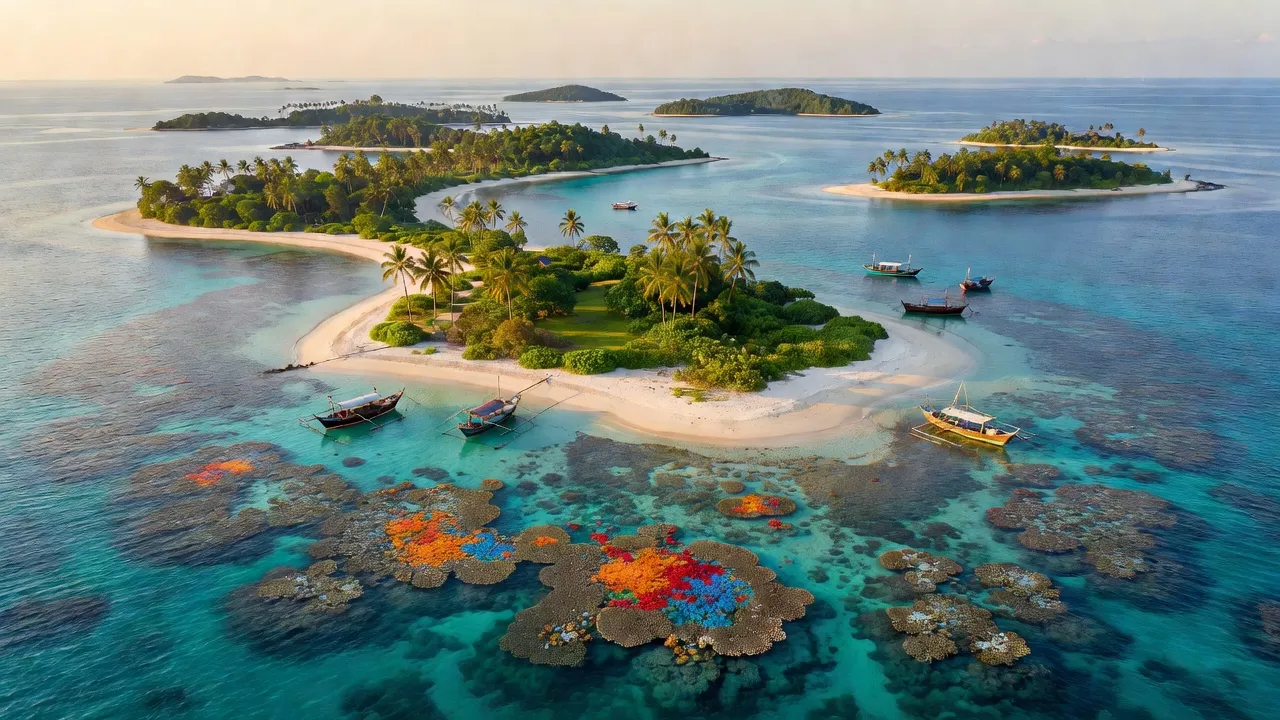 Huyện Trường Sa, Khánh Hòa, with lush islands and vibrant blue waters, tropical beauty.