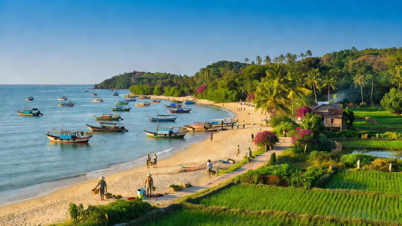 Cảnh biển tuyệt đẹp huyện Vạn Ninh, Khánh Hòa với bãi biển, thuyền đánh cá và thiên nhiên tươi đẹp.